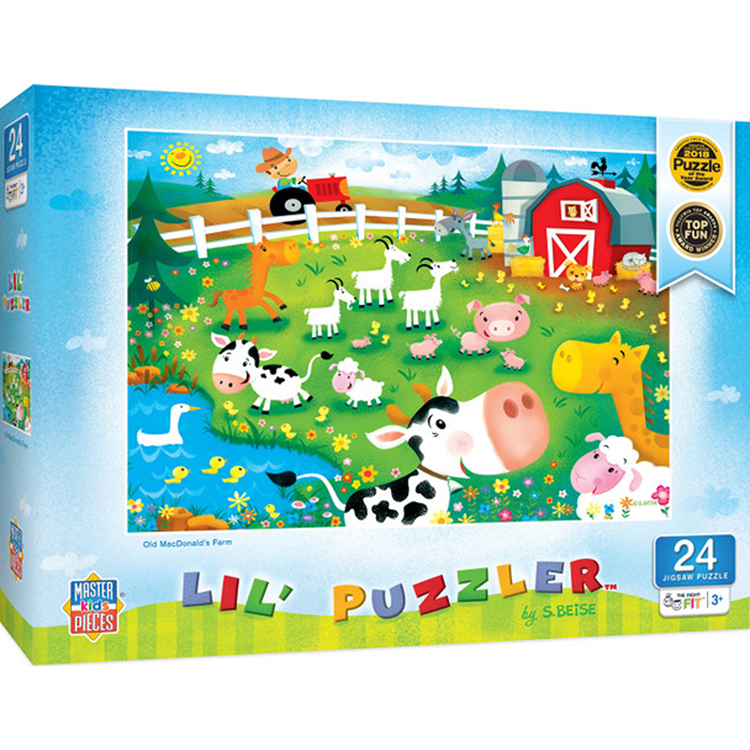 Colorful 24-piece farm-themed children's puzzle featuring cartoon animals, barn, and pond in bright outdoor scene