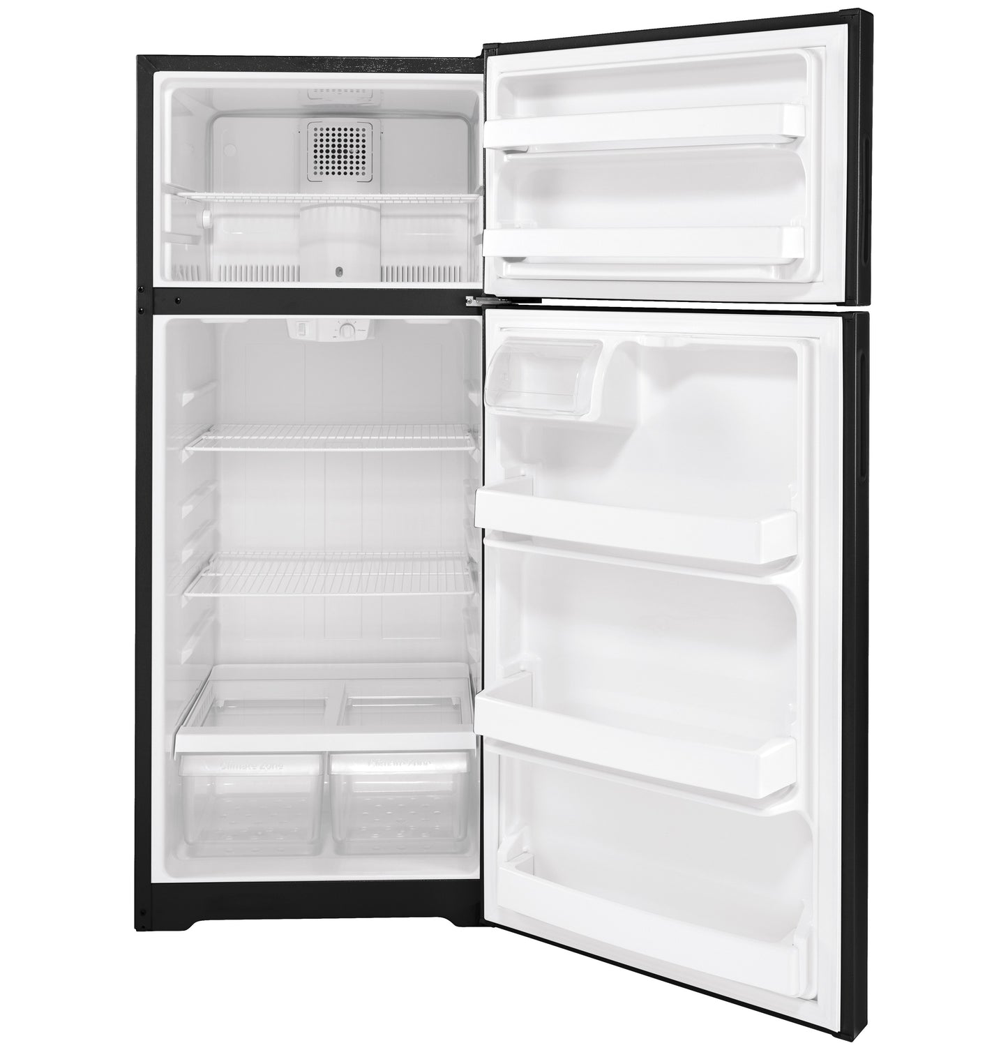 Open recessed handle top freezer refrigerator with spacious shelves and clear crisper drawers in appliances collection