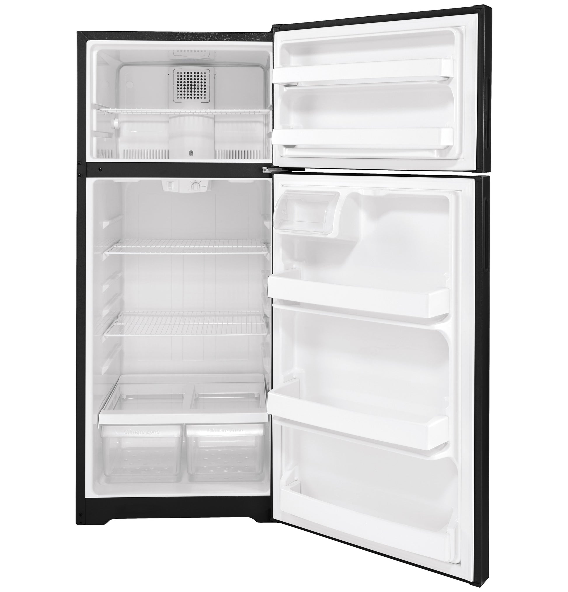 Open recessed handle top freezer refrigerator with spacious shelves and clear crisper drawers in appliances collection