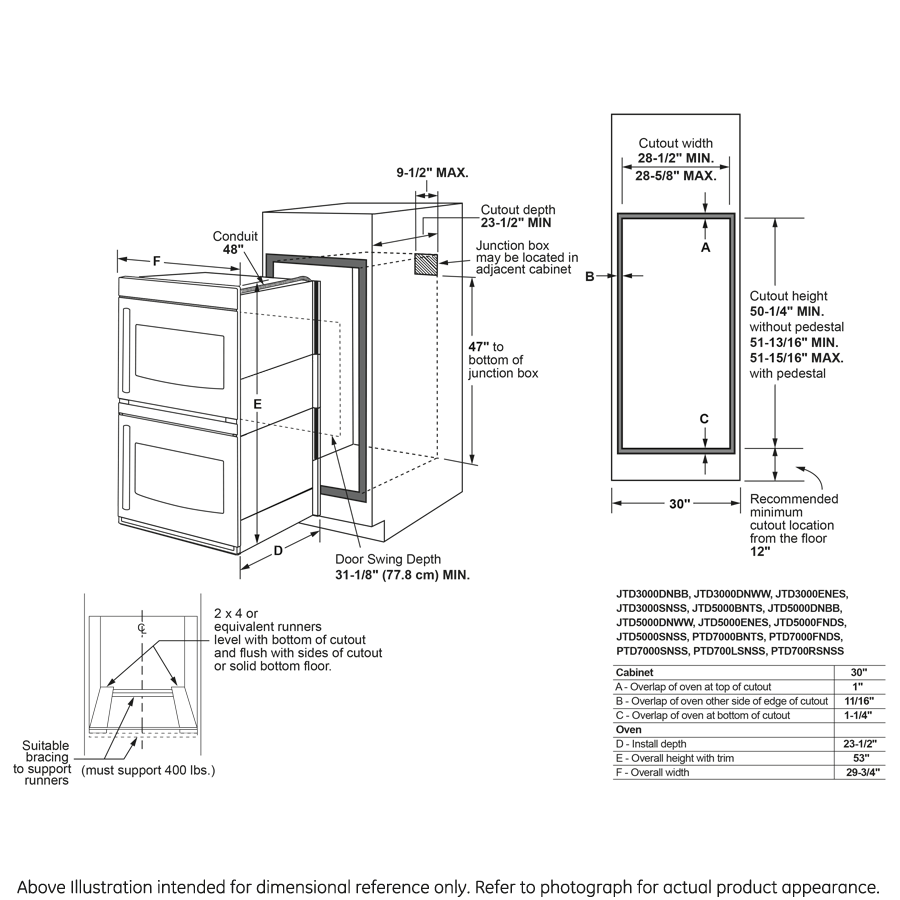 Technical diagram showing measurements and installation specifications for a built-in double wall oven in kitchen cabinetry.