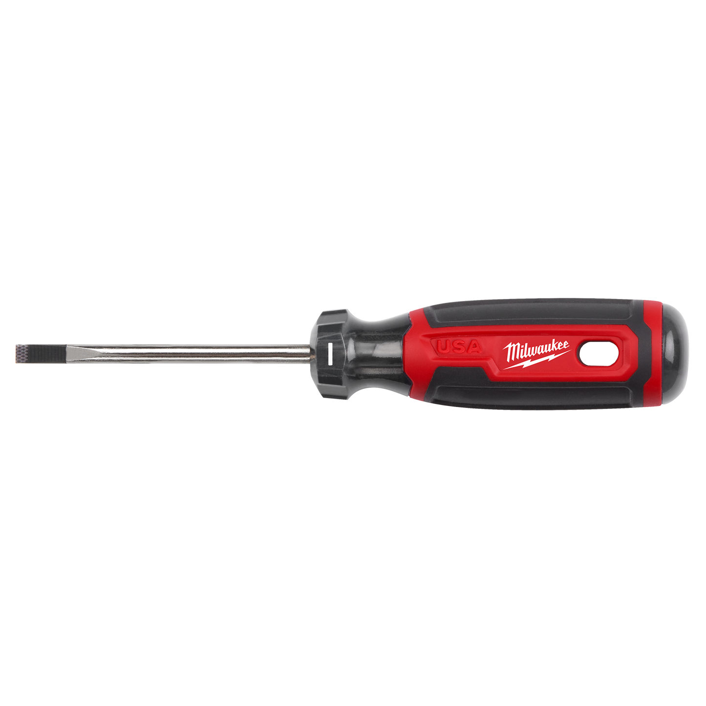 Red and black cabinet screwdriver with cushion grip handle and 3-inch shank for tools and home improvement use