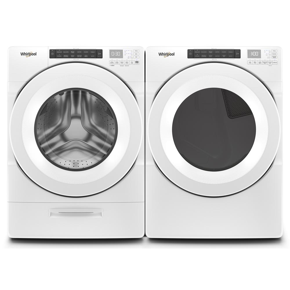 White front-load washer and electric dryer set with digital controls from the Dryers and Washers & Dryers collection