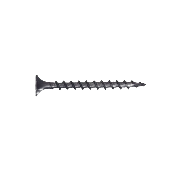 Single black metal screw with flat head and sharp threaded body for home improvement projects