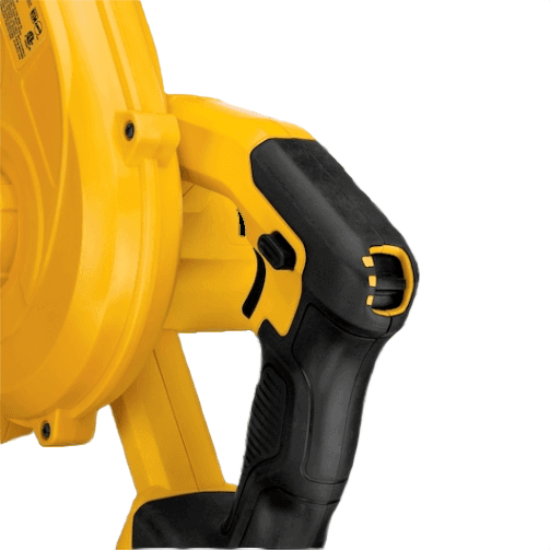 Ergonomic black and yellow handle of a compact cordless blower designed for efficient outdoor cleanup and home improvement tasks