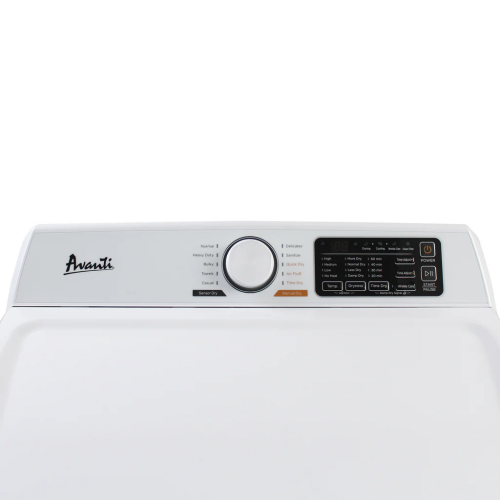 Control panel of white Avanti front load electric clothes dryer with cycle dial and LED display in dryers collection