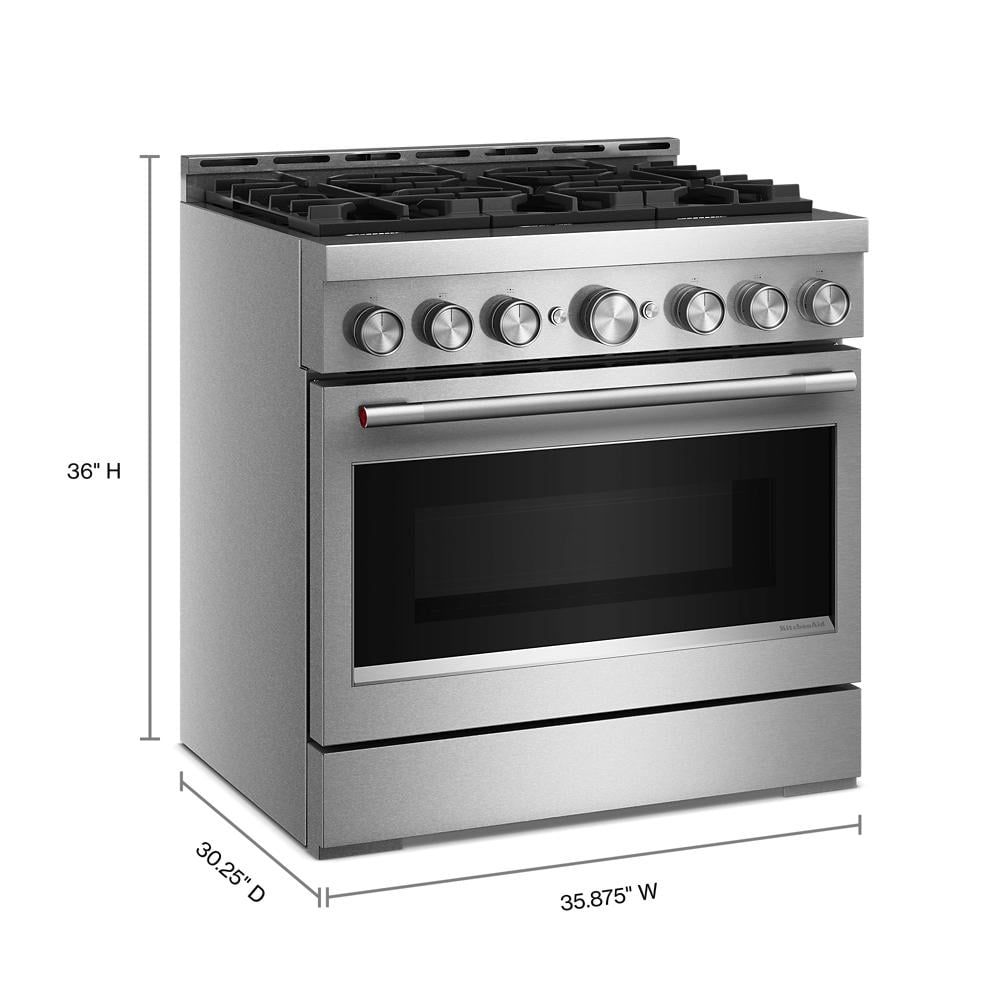 36-inch stainless steel commercial-style gas range with six burners and front control knobs for kitchen upgrades