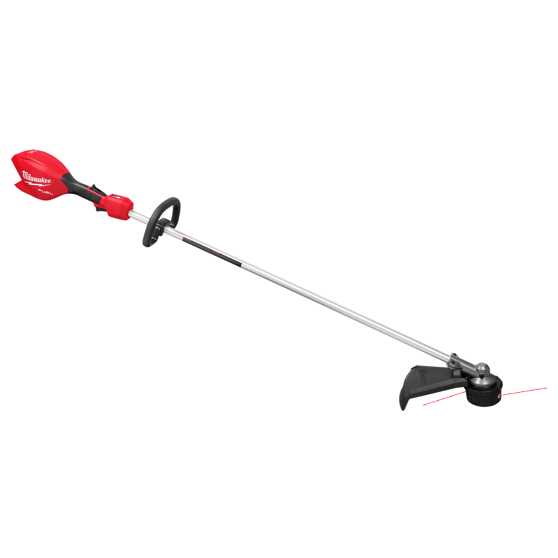 Silver shaft string trimmer with red rear handle and black guard for precise outdoor trimming and landscaping tasks