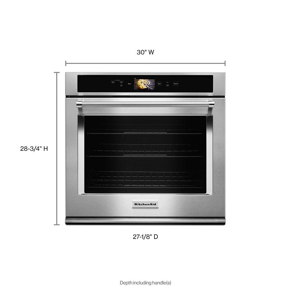 Front view of stainless steel 30-inch single wall oven with digital control panel and clear glass door in modern kitchen appliances collection