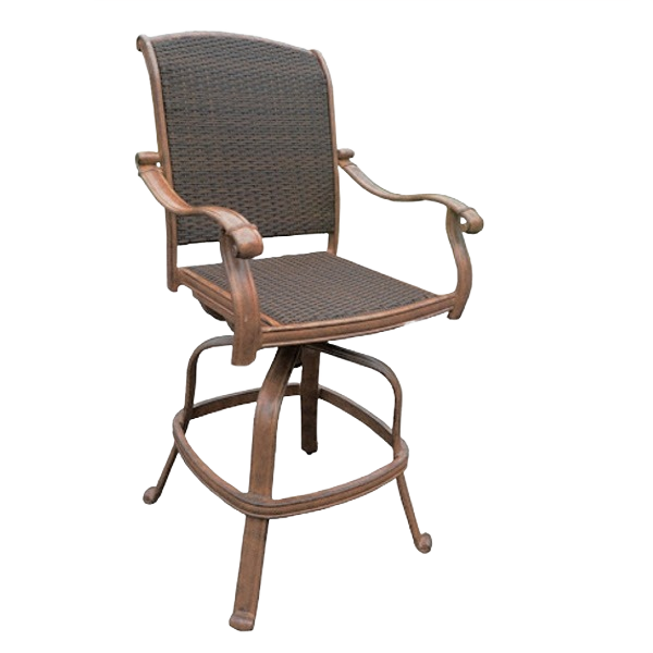 Outdoor swivel bar stool with woven seating and sturdy frame, ideal for patio furniture and outdoor living spaces