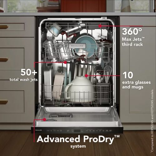 Open dishwasher showcasing 360° Max Jets™ third rack, 50+ wash jets, and Advanced ProDry™ system with clean dishes inside