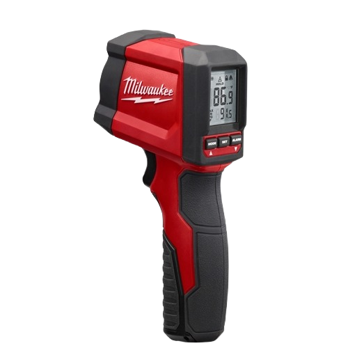 Red and black handheld infrared thermometer with digital display screen for temperature measurement in home improvement tasks
