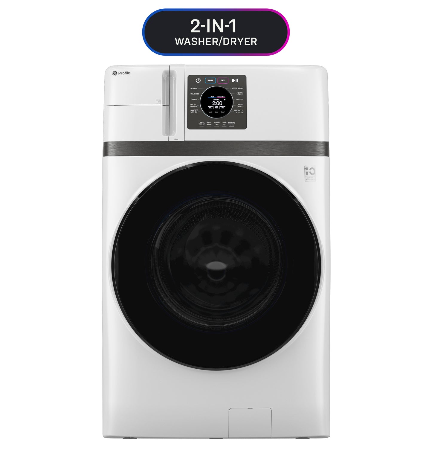 Front load 2-in-1 washer dryer combo with digital control panel and ventless inverter heat pump technology in white finish