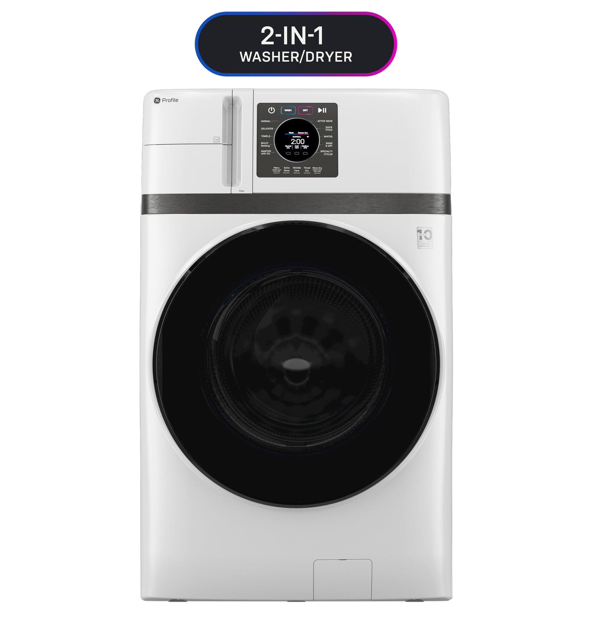 Front load 2-in-1 washer dryer combo with digital control panel and ventless inverter heat pump technology in white finish