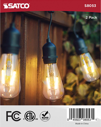 Two-pack of clear ST19 LED replacement string light bulbs with visible filaments for home improvement use