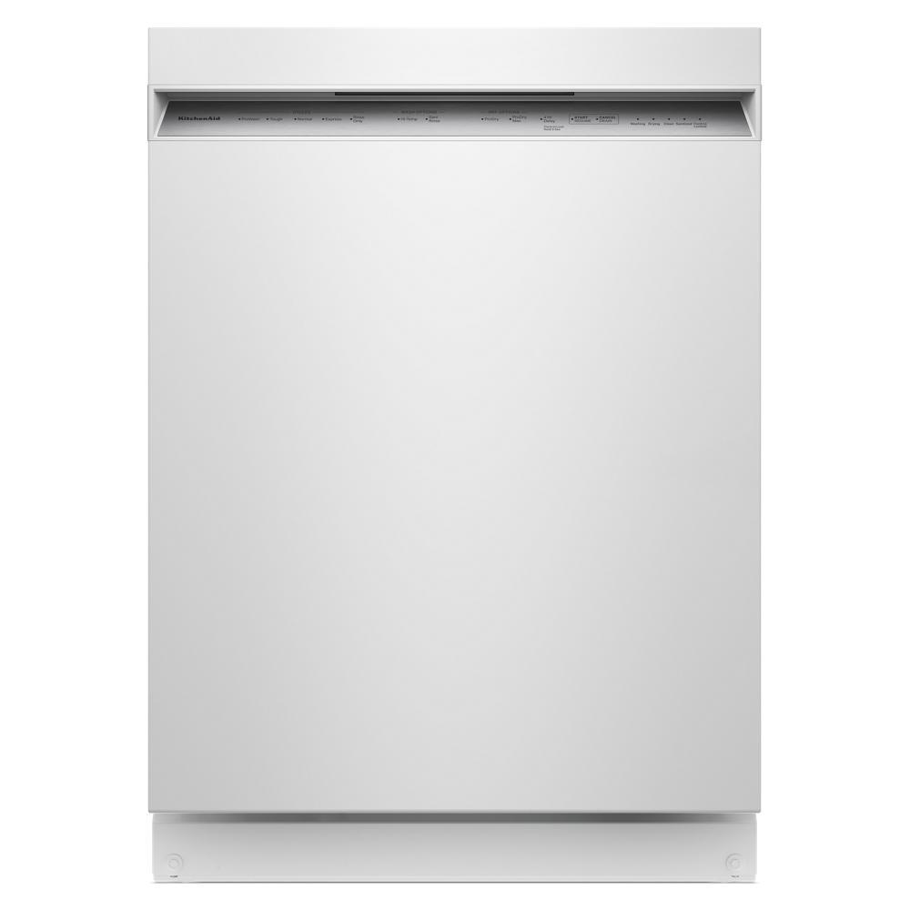 Built-in white dishwasher with sleek hidden controls on the top edge, part of KitchenAid appliances, dishwashers, and kitchenware collections.
