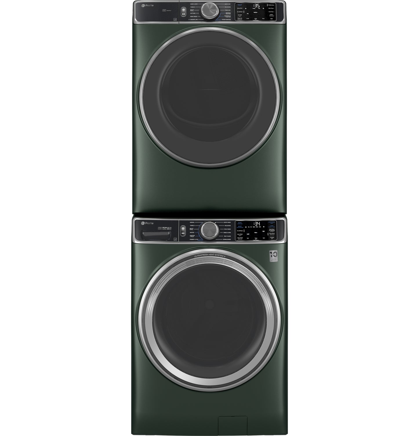 Stacked dark green front load washer and dryer with digital controls from washers and dryers collection.
