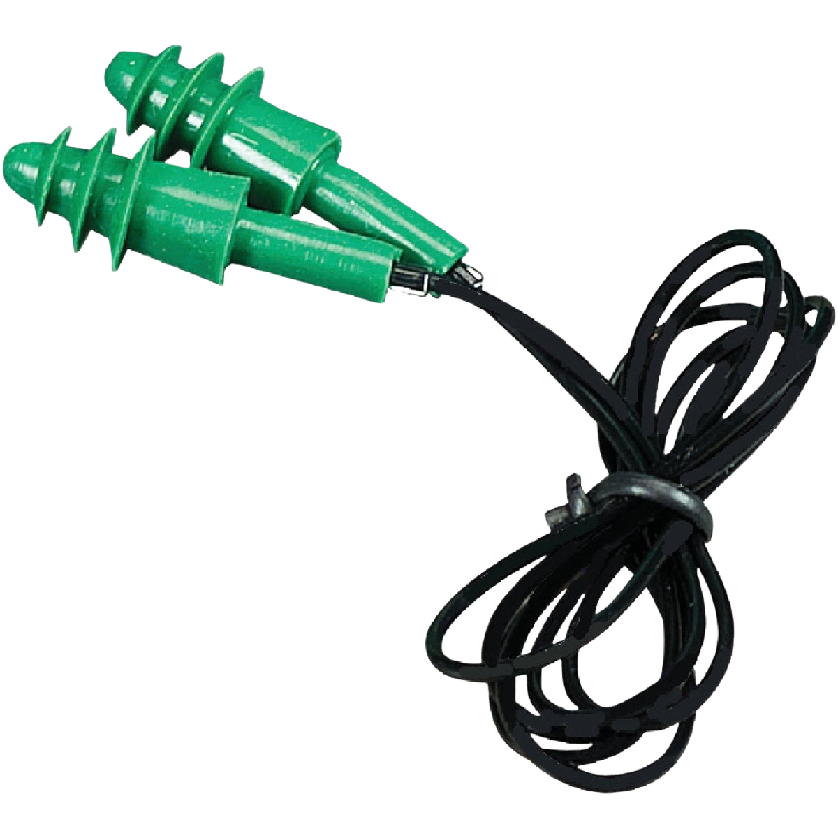 Green corded ear plugs with tiered flanges and black cord for hearing protection in tools and home improvement tasks