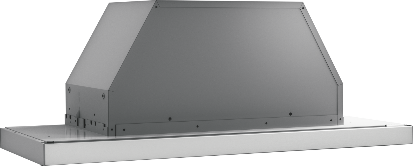 under cabinet range hood in stainless steel with integrated grease trap and LED lighting in kitchen appliances collection