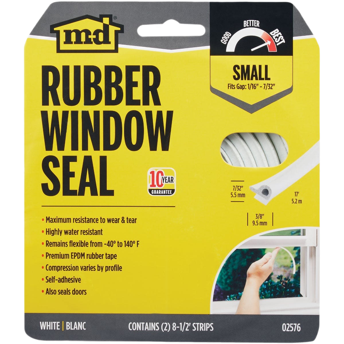 White rubber window seal in small size for medium gaps, designed for home improvement and weatherproofing use