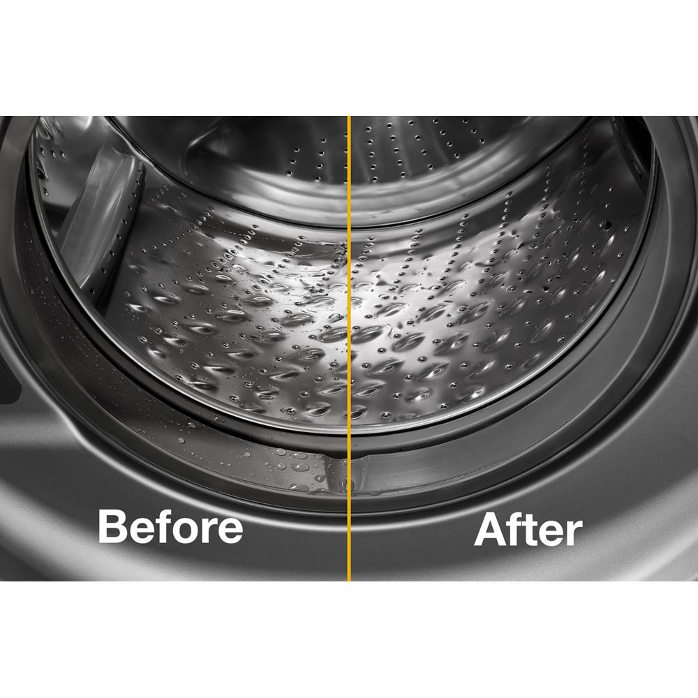 Close-up inside a washer drum showing water droplets before and a dry, clean surface after cleaning for home improvement use