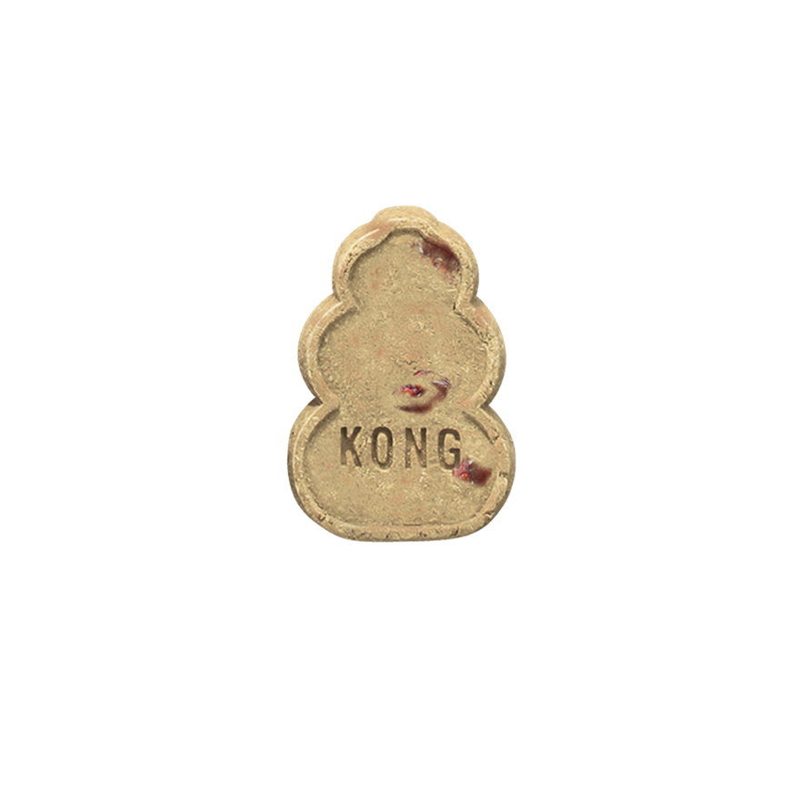 Small dog biscuit with visible bacon and cheese pieces, embossed with the KONG brand name