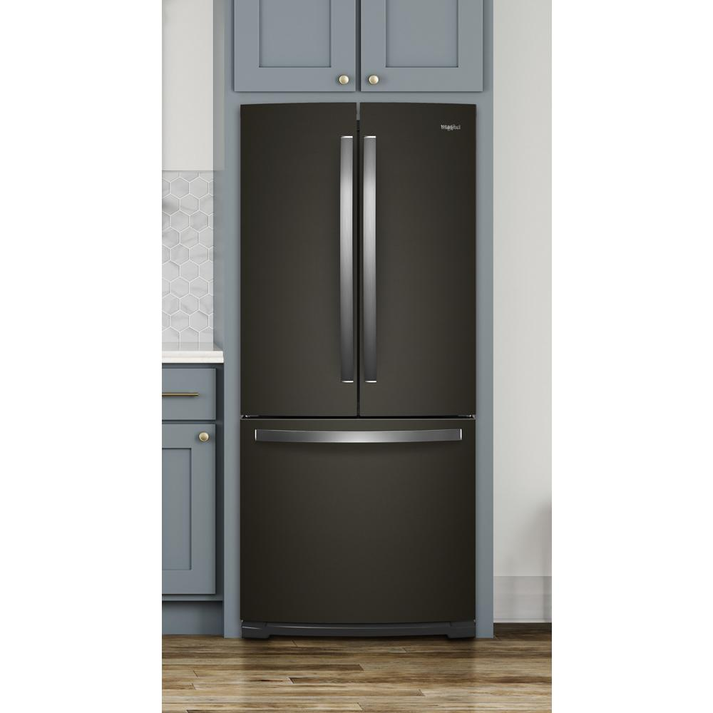 Black finish 30-inch french door refrigerator with bottom freezer set in modern kitchen with blue cabinetry and wood floor