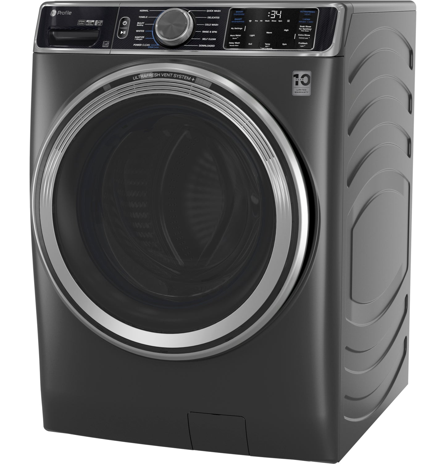 Modern black front load washer with digital controls and UltraFresh Vent System in washers and appliances collection