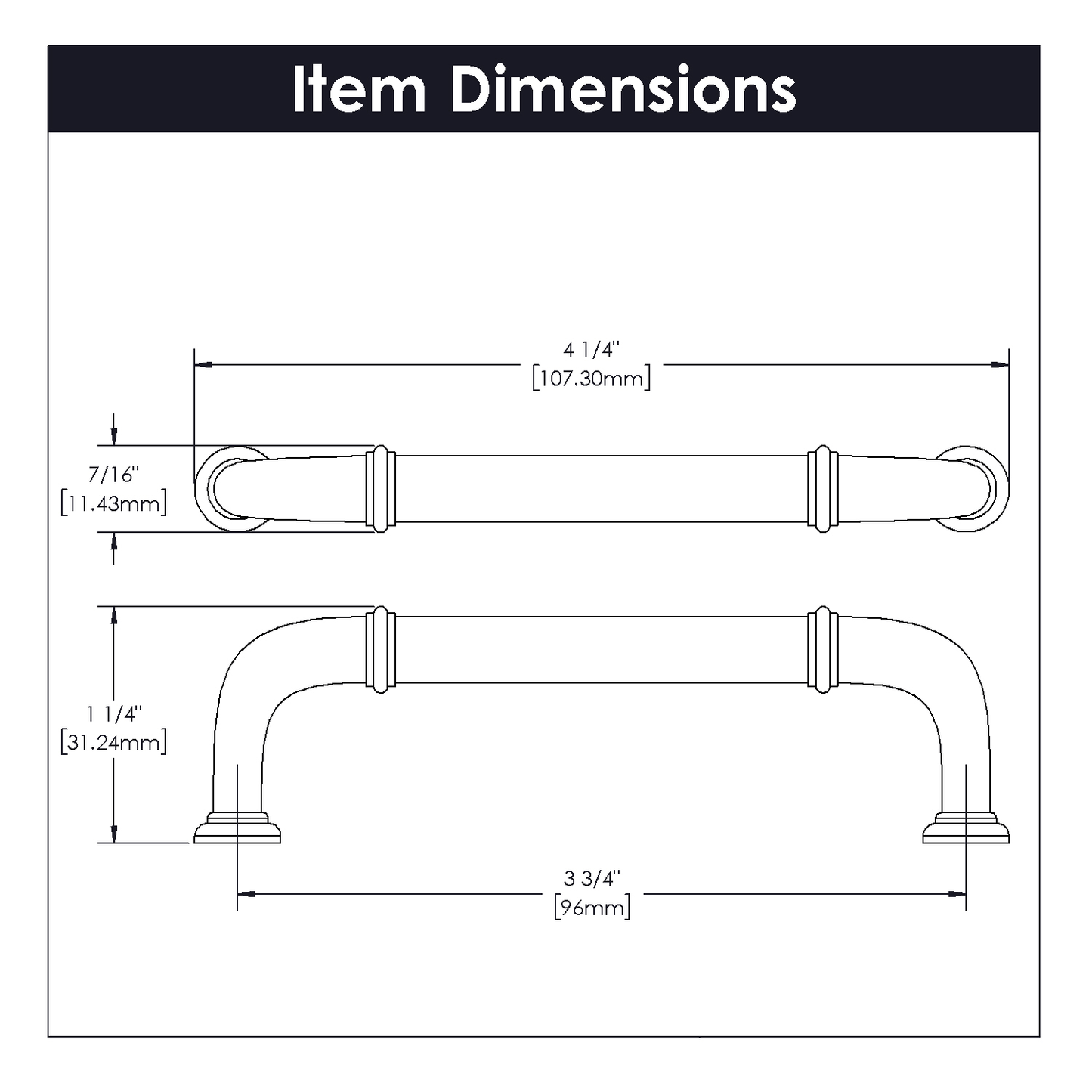 Technical drawing of a vintage bronze cottage pull showing detailed dimensions for home improvement projects