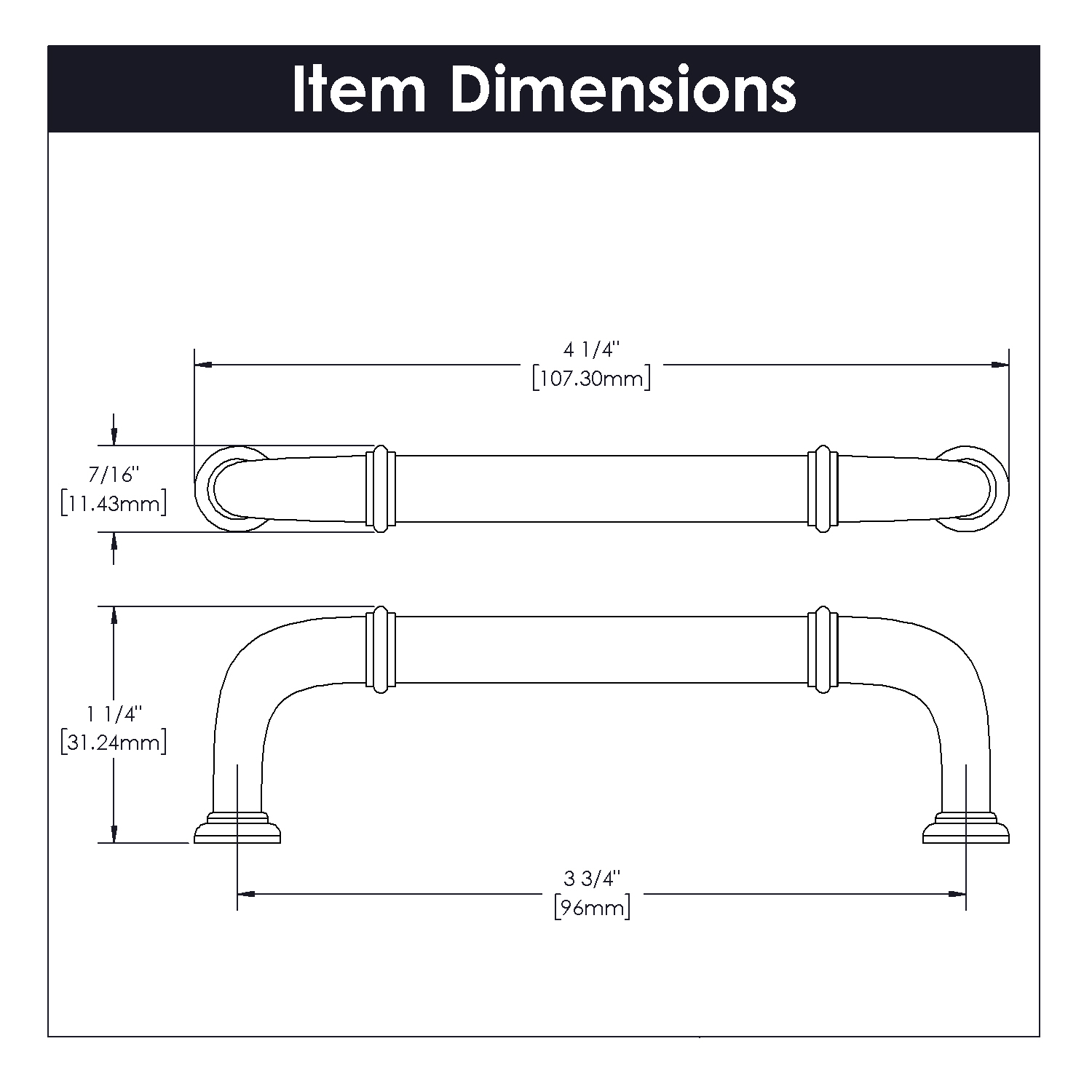 Technical drawing of a vintage bronze cottage pull showing detailed dimensions for home improvement projects