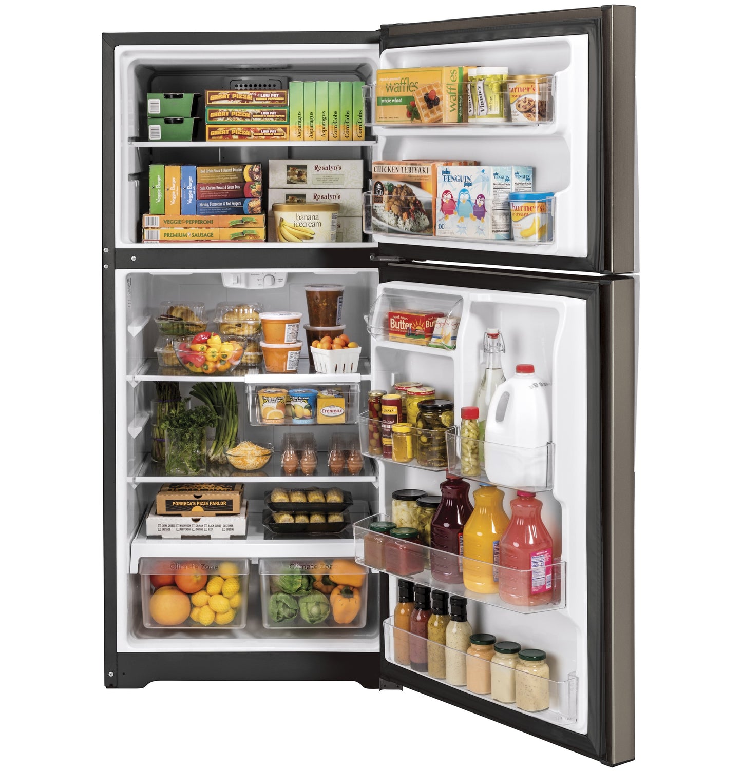 Open top-freezer refrigerator in black finish, stocked with food and beverages, part of kitchen appliance collection