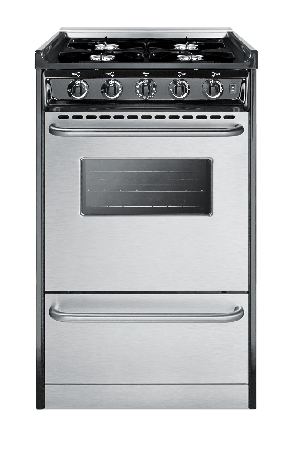 Apartment-sized stainless steel gas range with four open burners, control knobs, and oven window for kitchen use