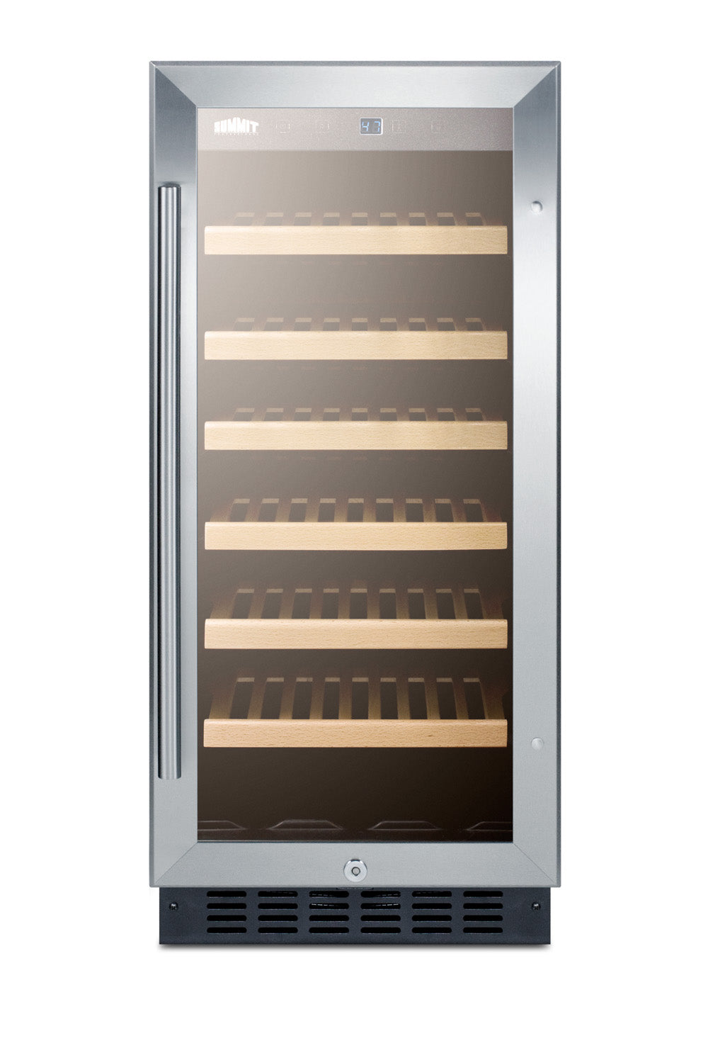 Built-in stainless steel wine cellar with glass door and wooden shelving for wine storage in kitchen appliances collection