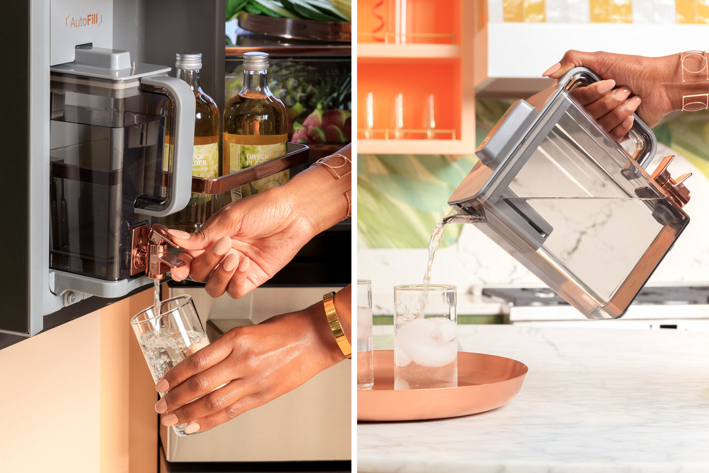 Smart platinum glass refrigerator with dual-dispense AutoFill pitcher pouring water into glass in kitchen setting