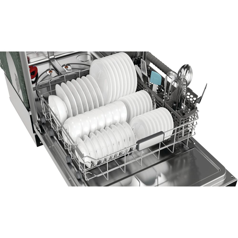 Open dishwasher drawer loaded with white plates, bowls, and cutlery in a stainless steel kitchen appliance setting