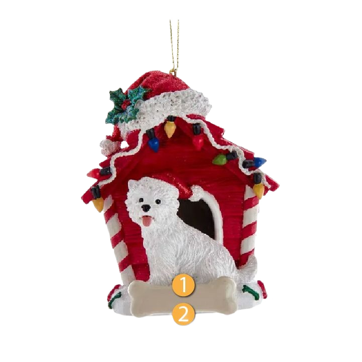 White West Highland Terrier figurine inside a red doghouse ornament decorated with Christmas lights and holiday accents