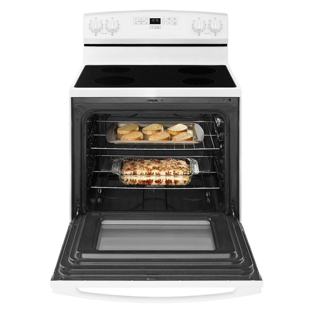 White electric range with smooth cooktop and oven open showing baked casserole and bread on racks for kitchen appliances collection