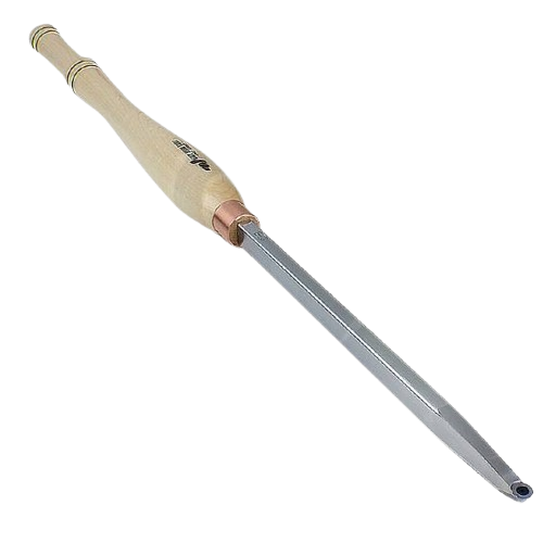 Wood carving tool with wooden handle and narrow metal blade designed for hollowing in woodworking projects