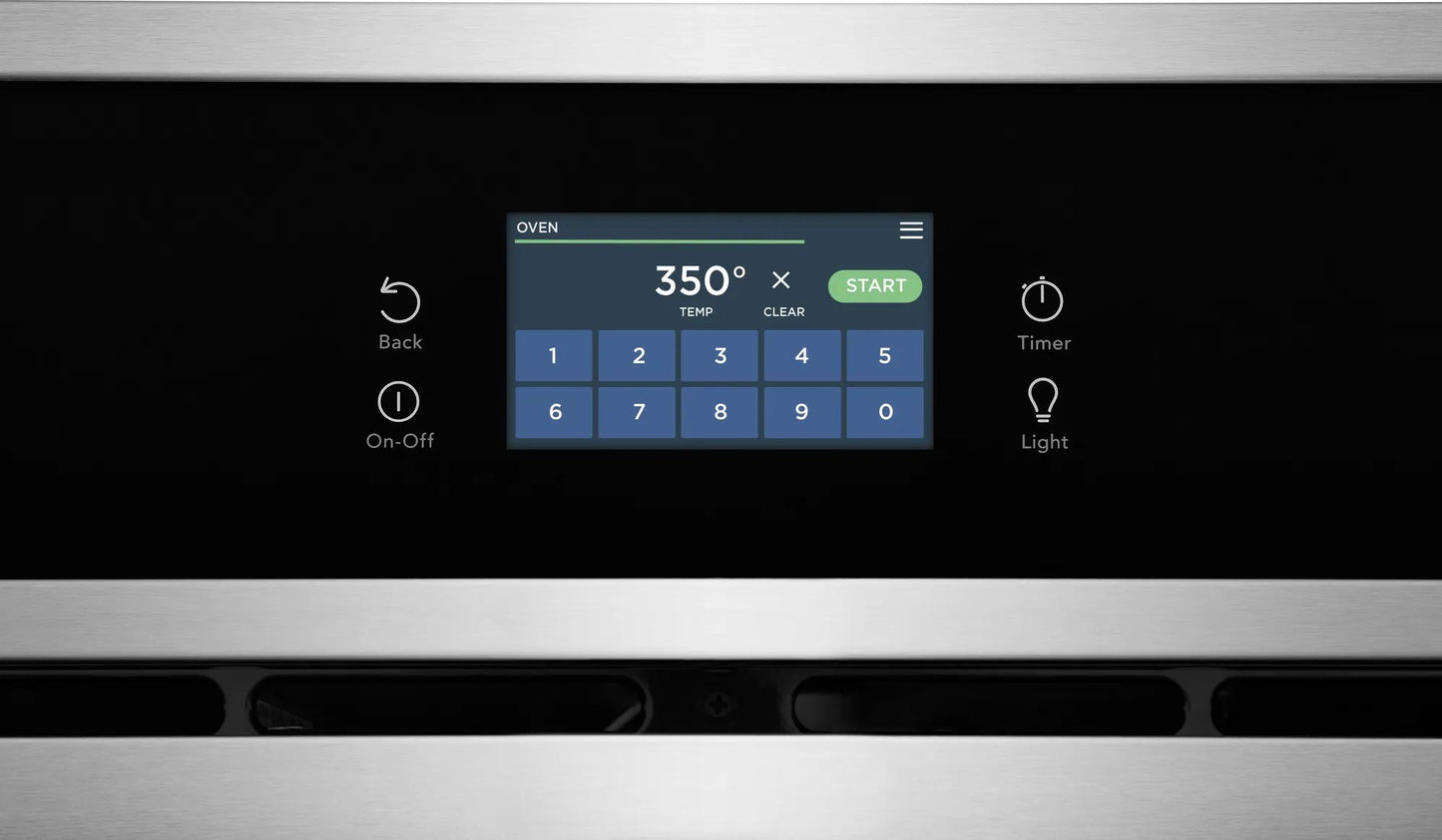 Digital touchscreen control panel displaying temperature and timer settings on stainless steel wall oven from kitchen appliances collection