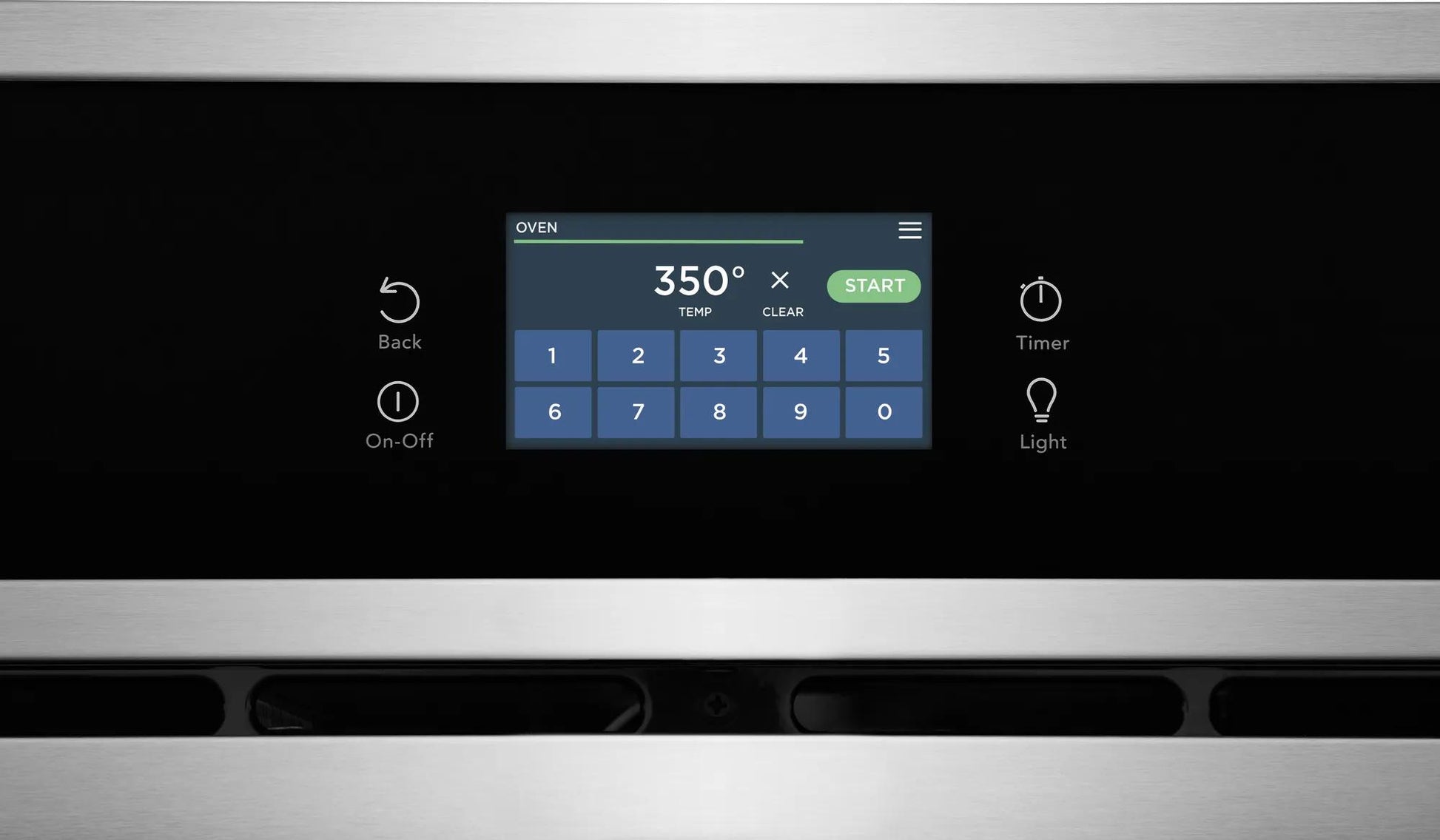 Digital touchscreen control panel displaying temperature and timer settings on stainless steel wall oven from kitchen appliances collection