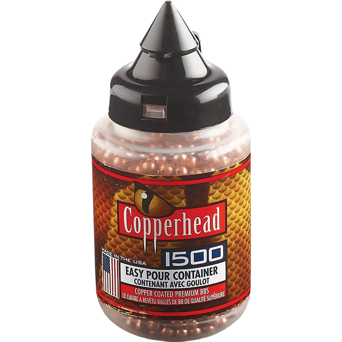 Plastic container filled with copper-coated BB pellets featuring an easy-pour spout for air gun use