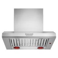 Stainless steel commercial-style wall-mount canopy range hood with dual red controls for KitchenAid appliances collection
