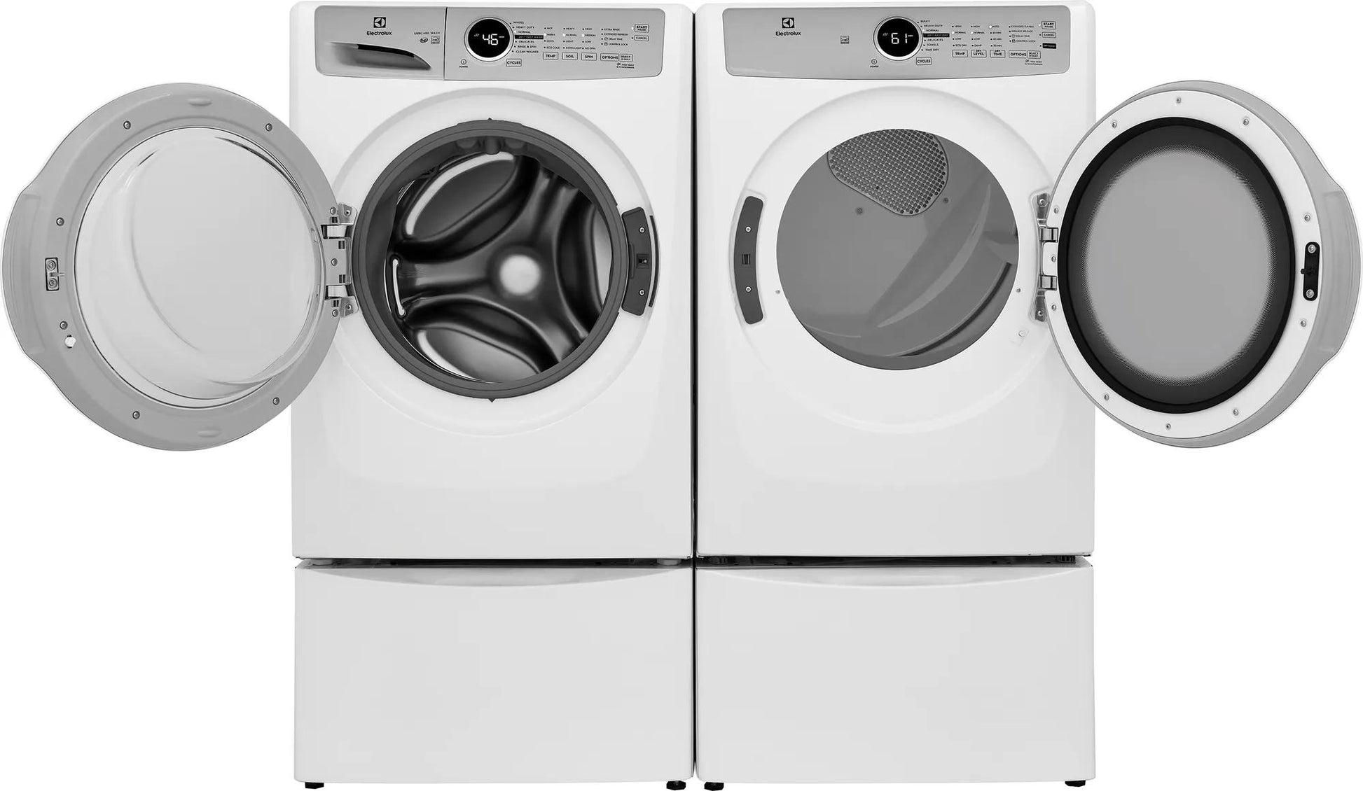White front load washer and dryer set with open doors and digital control panels from washers and appliances collection