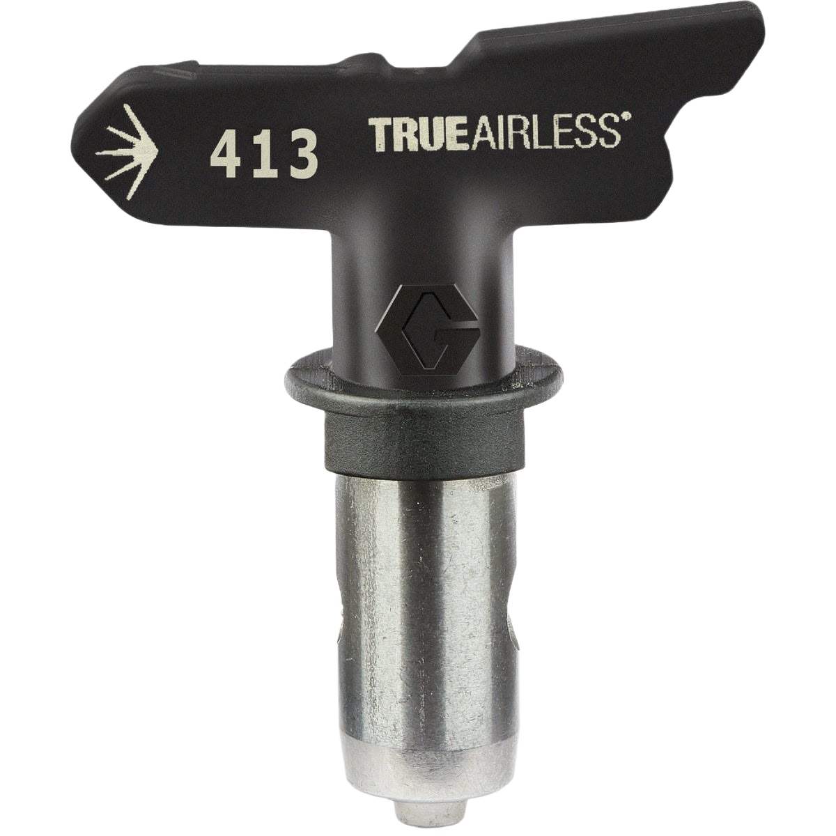 Black and silver reversible airless spray tip with precision nozzle for paint sprayers in paint and supplies category under $50