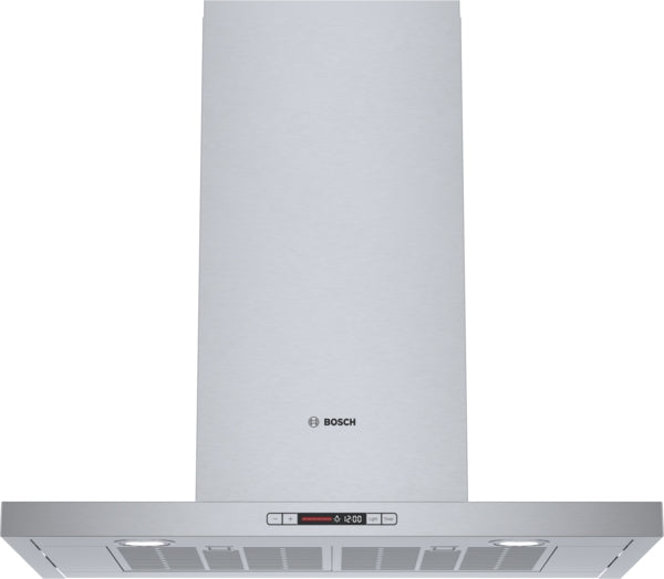 stainless steel wall hood with digital control panel and halogen lights in Bosch range hoods and kitchen appliances collection