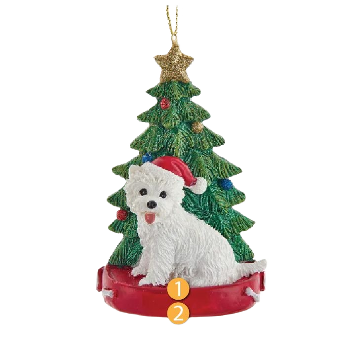 White Westie dog wearing Santa hat sitting in front of decorated Christmas tree ornament under $50 collections