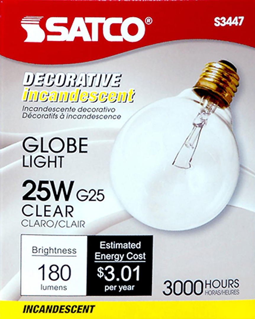 Clear round decorative incandescent globe bulb with brass base, 25 watts, suitable for lighting and electrical needs under $25