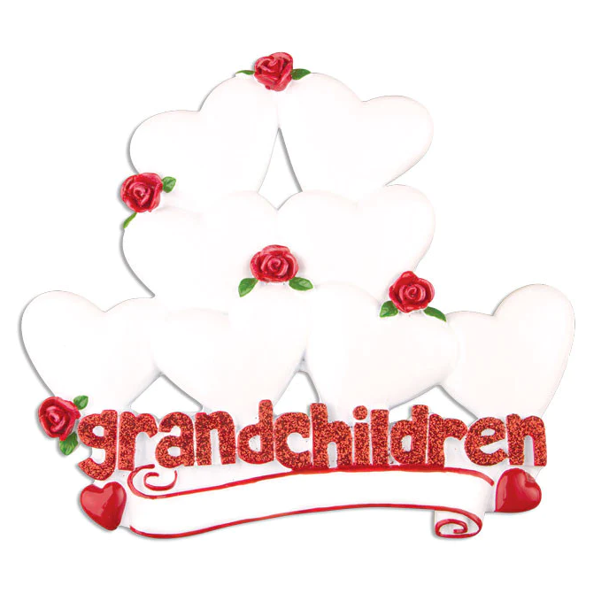 White ornament with eight heart shapes decorated with red roses and glittery red "grandchildren" text for Christmas decor