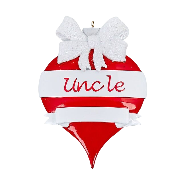 Red and white teardrop ornament with glittery white bow and "Uncle" script for Christmas tree under $50 collection
