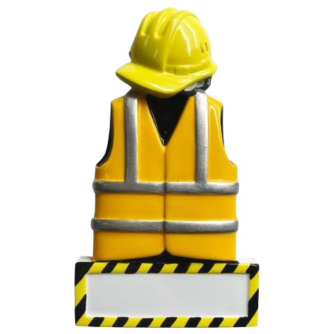 Yellow construction vest and hard hat ornament with customizable nameplate for Christmas tree decorations under $50 collection