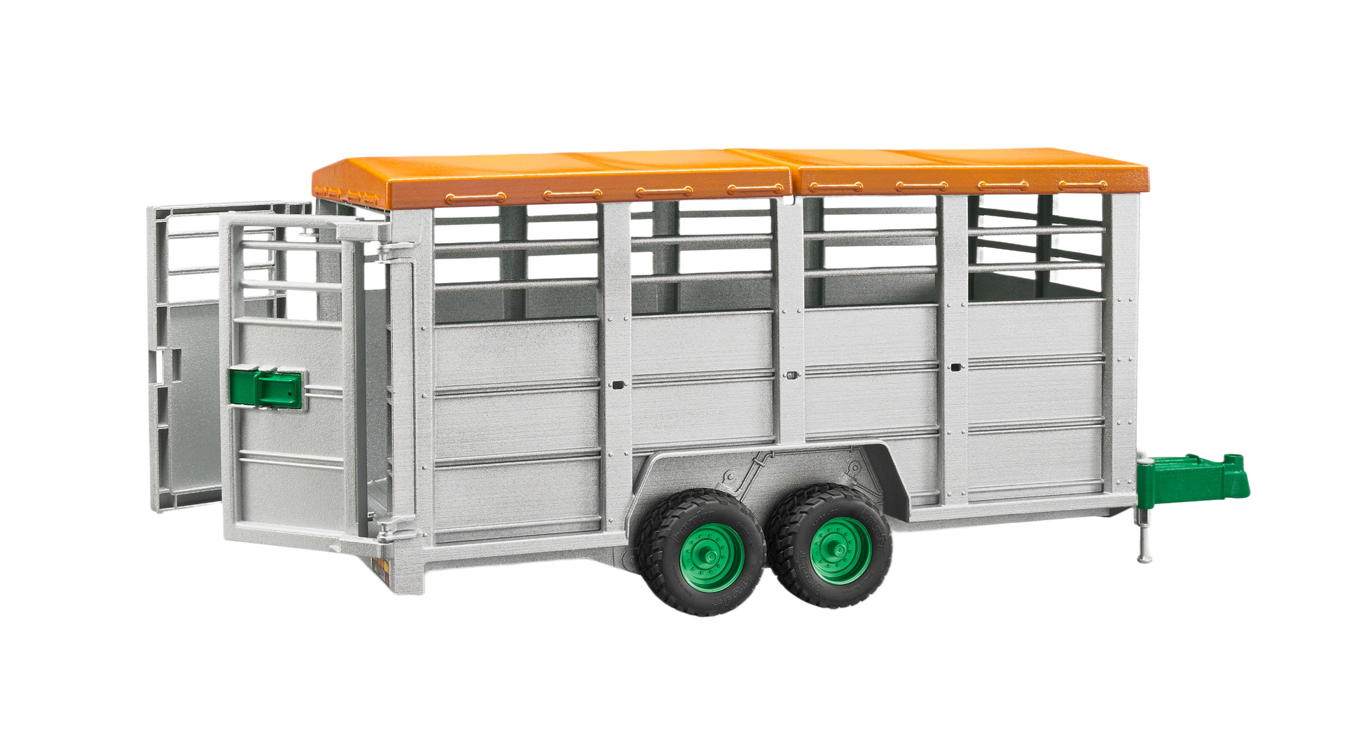 Gray toy livestock trailer with orange roof and green hitch ready for transporting small animal figures
